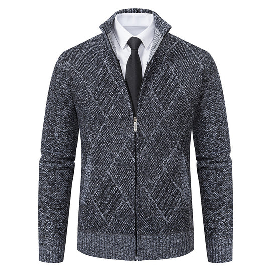 Herren Feinstrick-Zipjacke mit strukturierter Rautenoptik, Stehkragen und durchgehendem Reißverschluss Nord Taschen