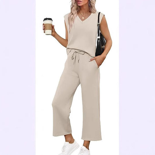 Damen Lässiges Zweiteiliges Lounge-Set mit Ärmellosem V-Neck-Top und Weiten Kordelbund-Hosen Nord Taschen