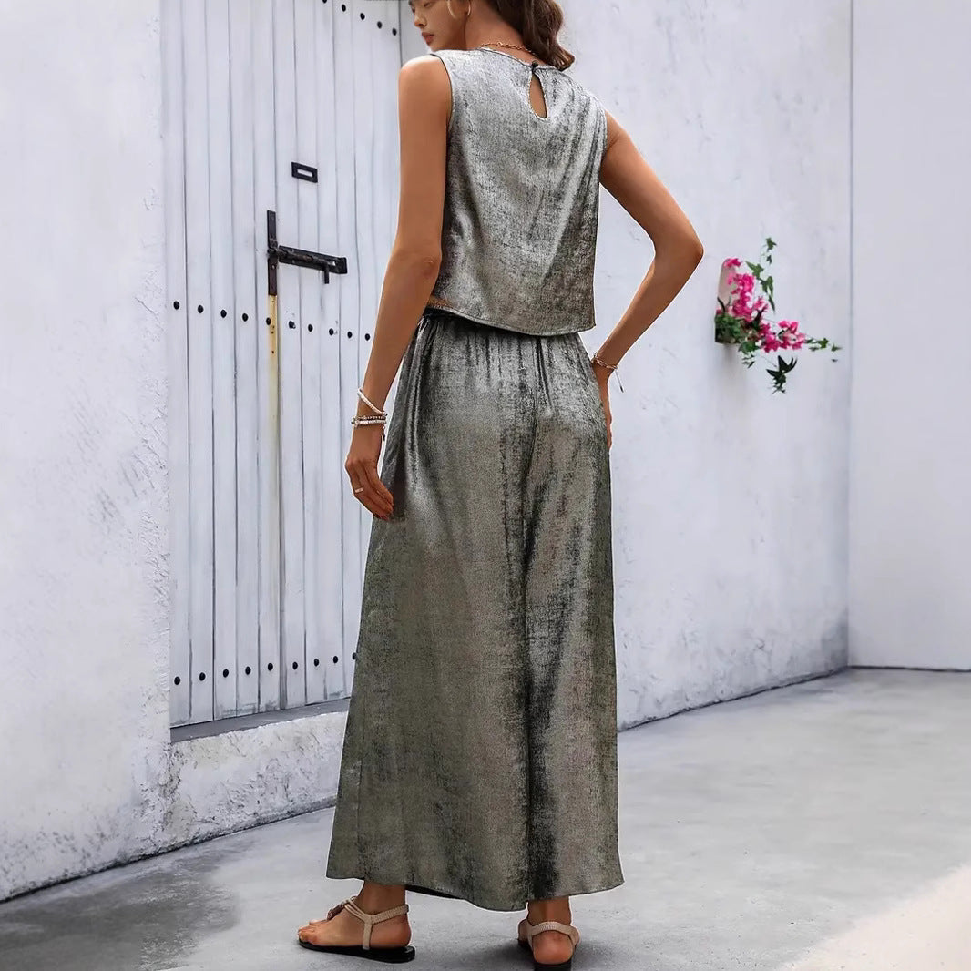 Damen Glänzendes Set aus ärmellosem Oberteil und weitem Hosen Nord Taschen
