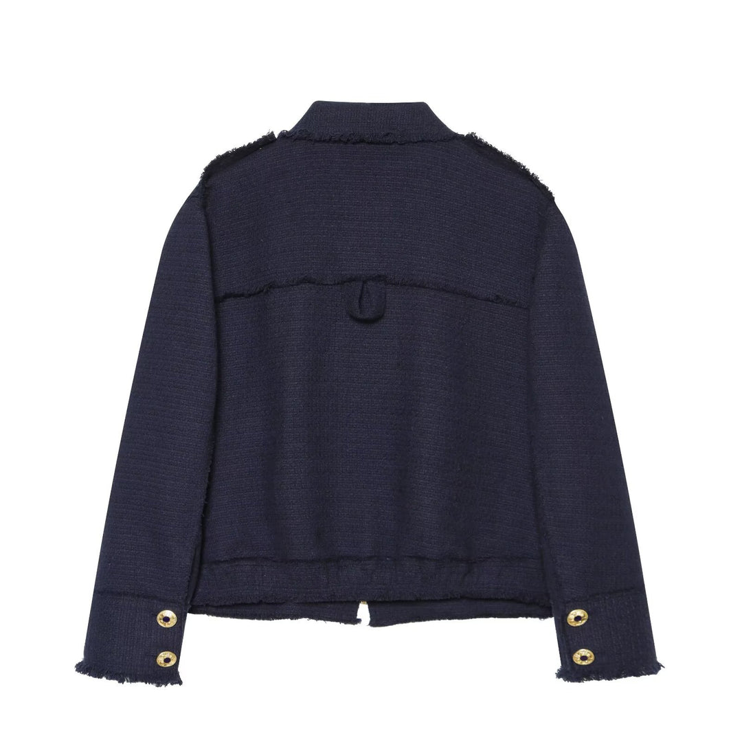 Damen Bouclé‑Tweed Kurzjacke mit Fransenbesatz, Schulterpatten und aufgesetzten Taschen Nord Taschen