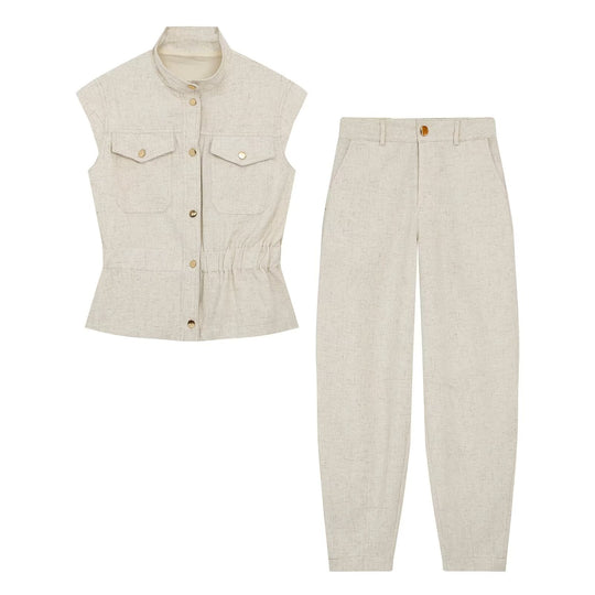 Damen Hochtaillierte Leinenblend-Hose mit konischer Passform und Ziernähten Nord Taschen