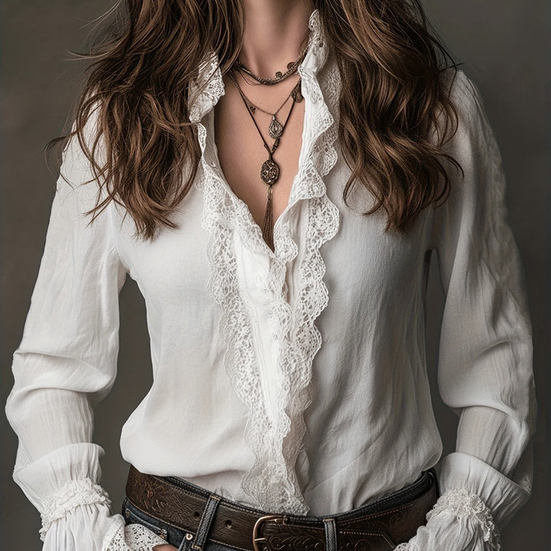 Damen elegante Bluse mit Rüschendetails und Spitzenbesatz