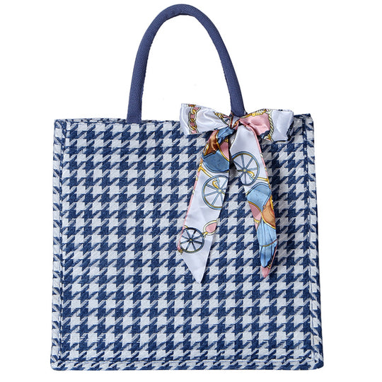 Damen Jute-Tragetasche mit elegantem Karomuster und dekorativen Schleifenakzenten Nord Taschen