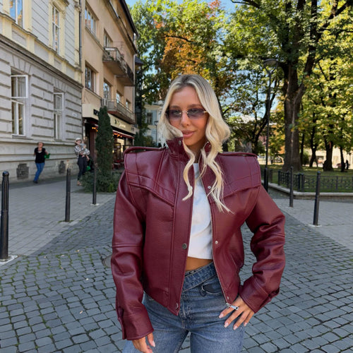 Damen Kurzer Cropped Kunstleder‑Blouson mit wattierter Schulterpartie und Funnelkragen Nord Taschen