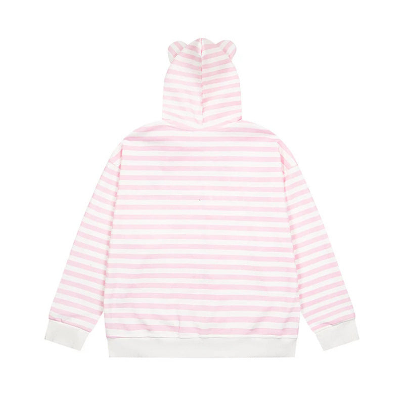 Damen Gestreifte Kapuzen-Sweatjacke mit Teddy-Anhänger, Ohren-Kapuze und Stickdetail Nord Taschen