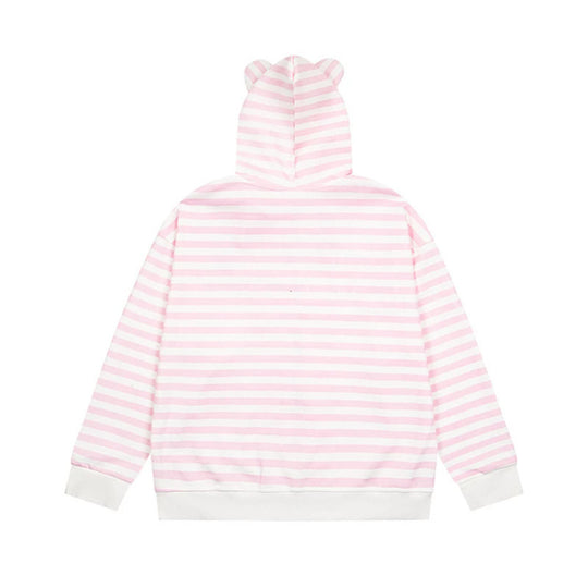 Damen Gestreifte Kapuzen-Sweatjacke mit Teddy-Anhänger, Ohren-Kapuze und Stickdetail Nord Taschen