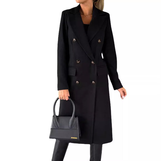 Damen Doppelreihiger Midilanger Wollmantel mit Reverskragen und taillierter Silhouette Nord Taschen