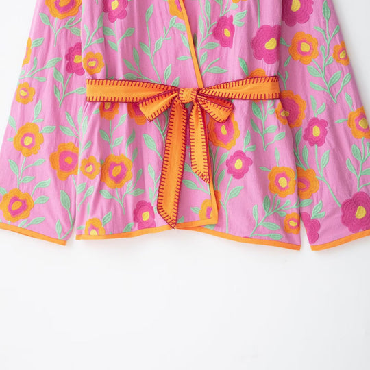 Damen Bestickte Kimono-Jacke mit Taillenbindegürtel und floraler Stickerei Nord Taschen