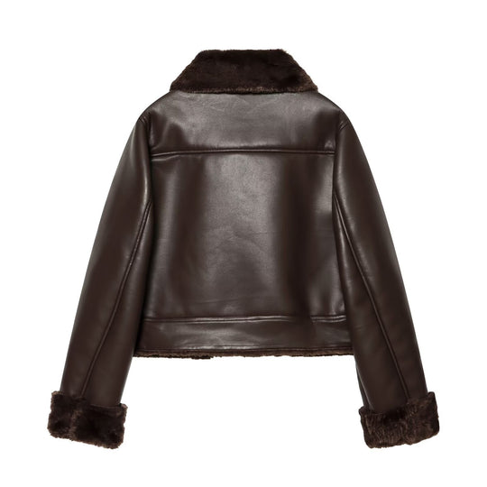 Damen Kurzjacke aus Lederoptik mit Teddy-Futter, aufgesetzten Taschen und Umlegekragen Nord Taschen