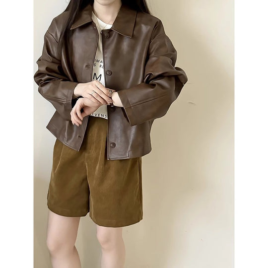 Damen Boxy‑Kunstleder‑Hemdjacke mit verdeckter Knopfleiste und überschnittenen Schultern Nord Taschen