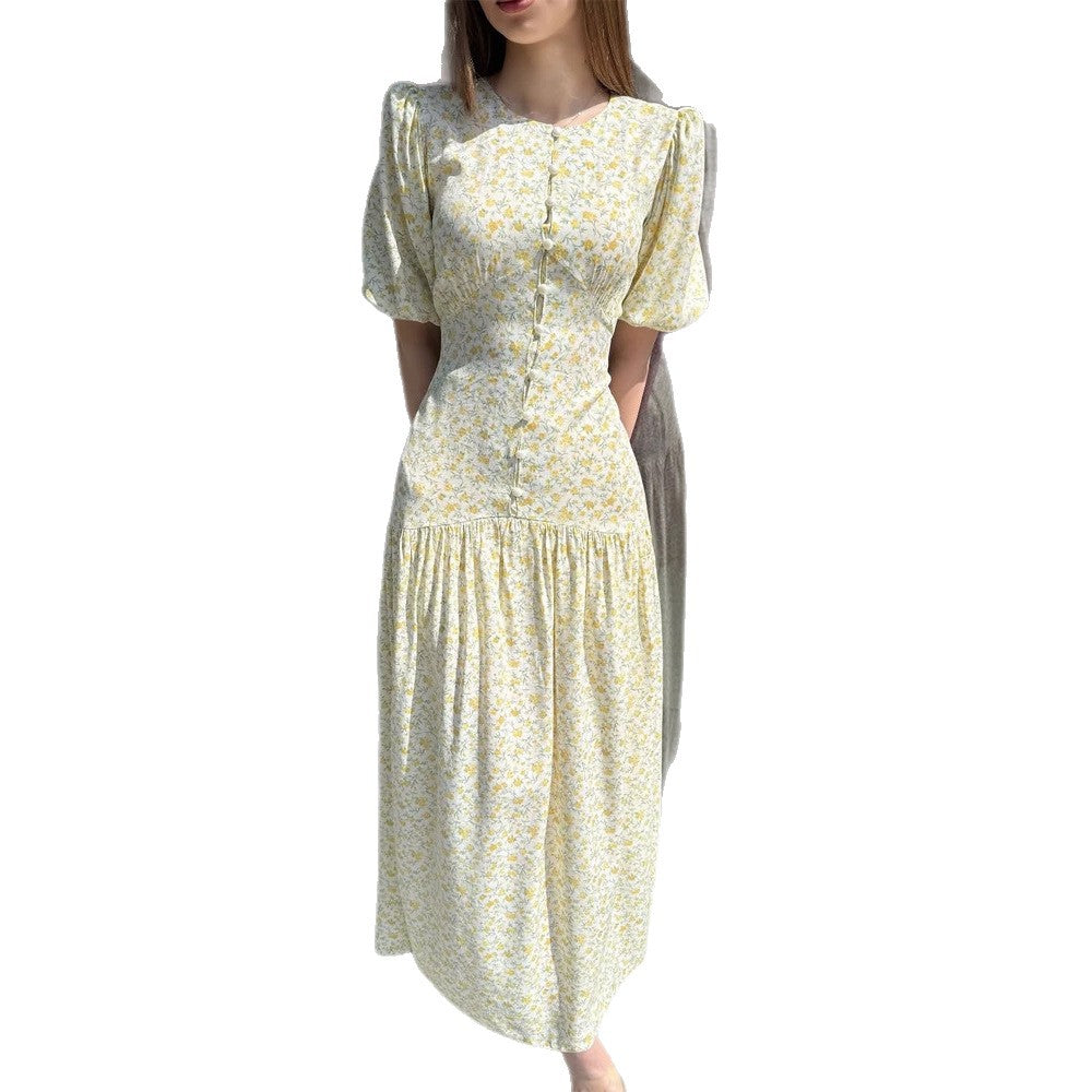 Damen Midikleid mit Puffärmeln, taillierter Silhouette und geknöpftem Mieder Nord Taschen
