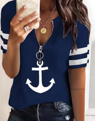 Damen Sportliches T-Shirt mit Reißverschluss und maritimen Motiven