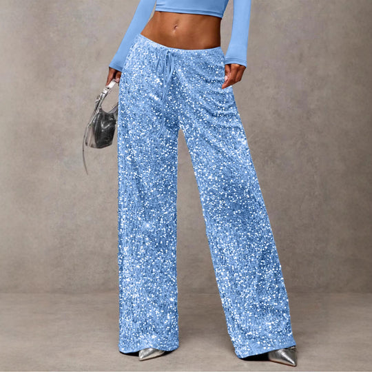 Damen Pailletten-Palazzohose mit hohem Bund und Kordelzug Nord Taschen