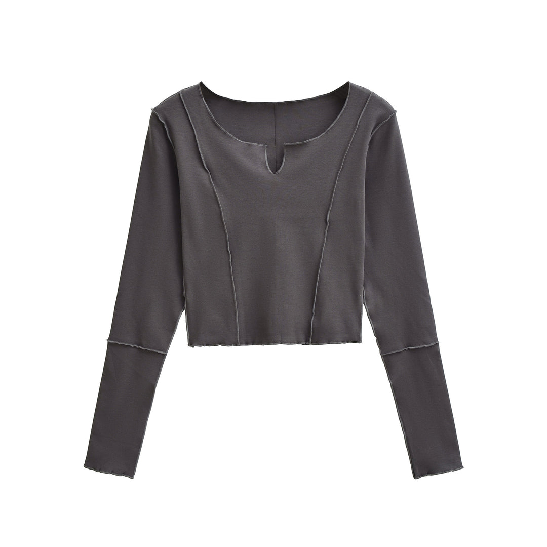 Damen Kurzes Langarmshirt mit sichtbaren Rollnähten und Notch-Ausschnitt Nord Taschen