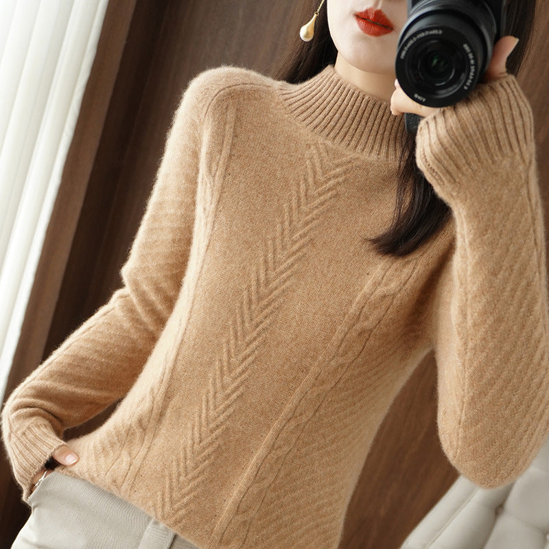Damen Leichter Mohair‑Look Stehkragenpullover mit Zopf‑Ajour und taillierter Silhouette Nord Taschen