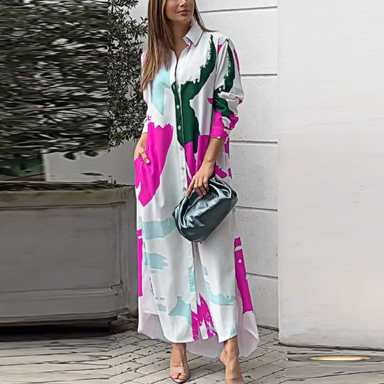 Damen Langes Hemdblusenkleid mit abstraktem Pinselprint und seitlichen Eingrifftaschen Nord Taschen