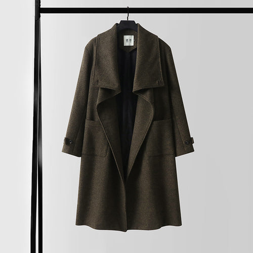 Damen Eleganter langer Wollmix-Cocoon-Mantel mit überlappendem Schalkragen und aufgesetzten Taschen Nord Taschen