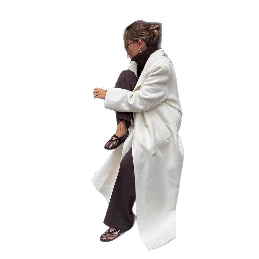 Damen Maxilanger doppelreihiger Wollmix-Mantel mit Oversize-Schnitt und Reverskragen Nord Taschen