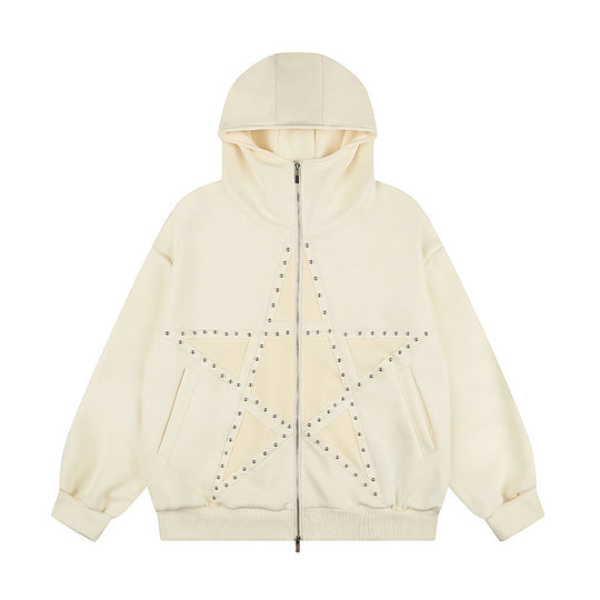 Damen Oversize Kapuzen-Zipjacke mit Nieten-Sternmotiv und hohem Kragen Nord Taschen