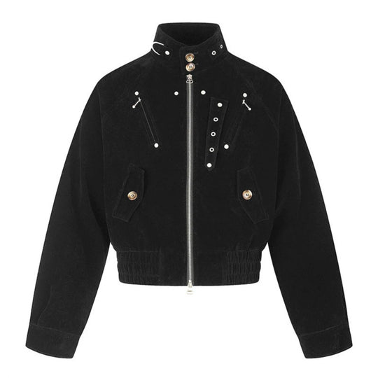 Damen kurze Wildleder‑Bomberjacke mit hohem Stehkragen und metallischen Details Nord Taschen