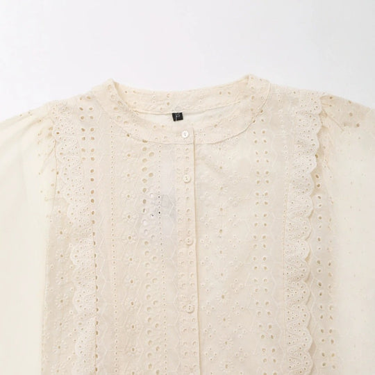 Damen Broderie Anglaise Baumwollbluse mit Rüschenbesatz und Ballonärmeln Nord Taschen