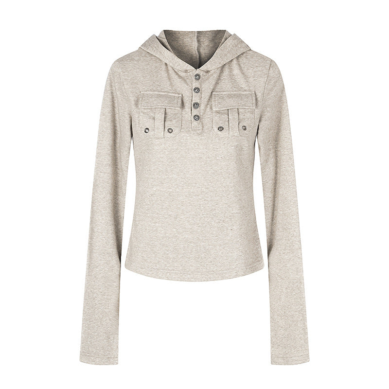 Damen Leichtes Kapuzen-Langarmshirt mit Henley-Knopfleiste und aufgesetzten Brusttaschen Nord Taschen