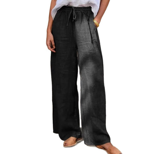 Damen Hochgeschnittene Leinenpalazzo-Hose mit Kordelzug und weitem Bein Nord Taschen