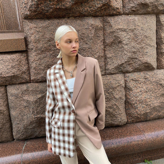 Damen Zweifarbiger Oversize-Blazer mit Karomuster und Reverskragen Nord Taschen