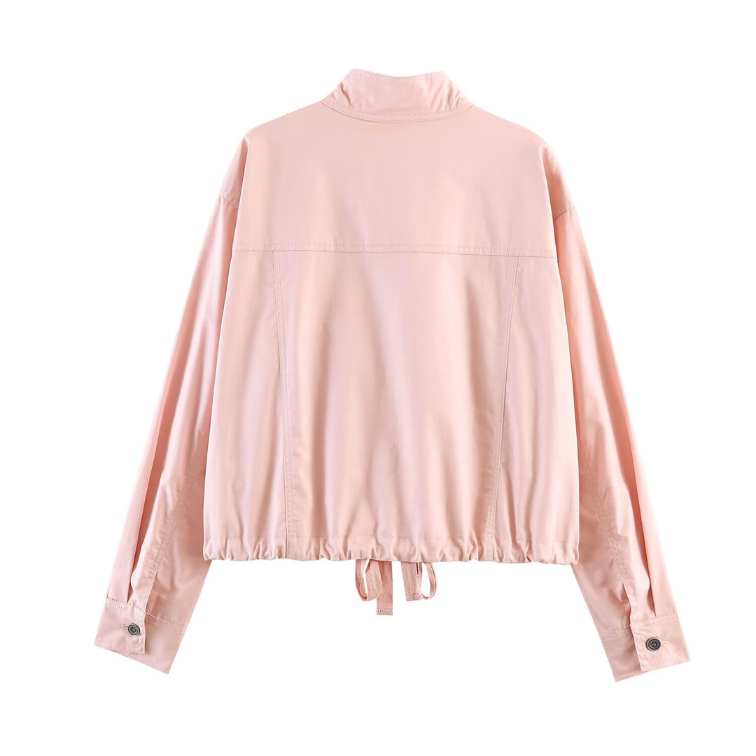 Damen Kurzjacke im Safari‑Stil mit Stehkragen, Kängurutaschen und Kordelzug Nord Taschen