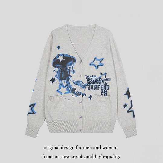 Damen Geknöpfte V‑Neck Strickjacke mit Allover-Print, Eingrifftaschen und geripptem Saum Nord Taschen