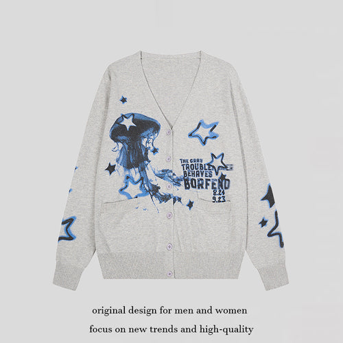 Damen Geknöpfte V‑Neck Strickjacke mit Allover-Print, Eingrifftaschen und geripptem Saum Nord Taschen