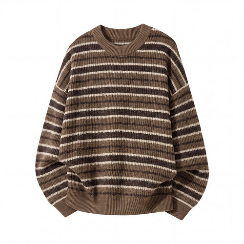 Unisex Gestreifter Oversize-Rippenstrickpullover mit Rundhalsausschnitt Nord Taschen