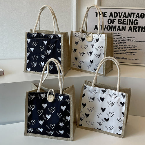 Damen Jute-Tragetasche mit verspieltem Herzdesign und Buttonverschluss Nord Taschen