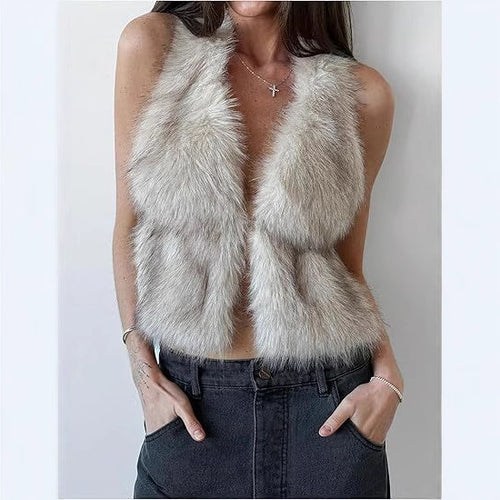 Damen Ärmelloses Cropped-Kunstpelz-Set mit Minirock und flauschigen Stulpen Nord Taschen