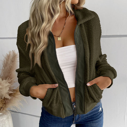 Damen Teddy-Fleece Bomberjacke mit Stehkragen, durchgehendem Reißverschluss und Rippbündchen Nord Taschen