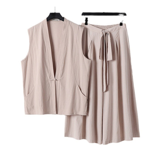 Damen Ärmelloses Kimono-Loungewear-Set aus leichtem Viskose-Leinen mit Bindeweste und weiten Palazzo-Hose Nord Taschen