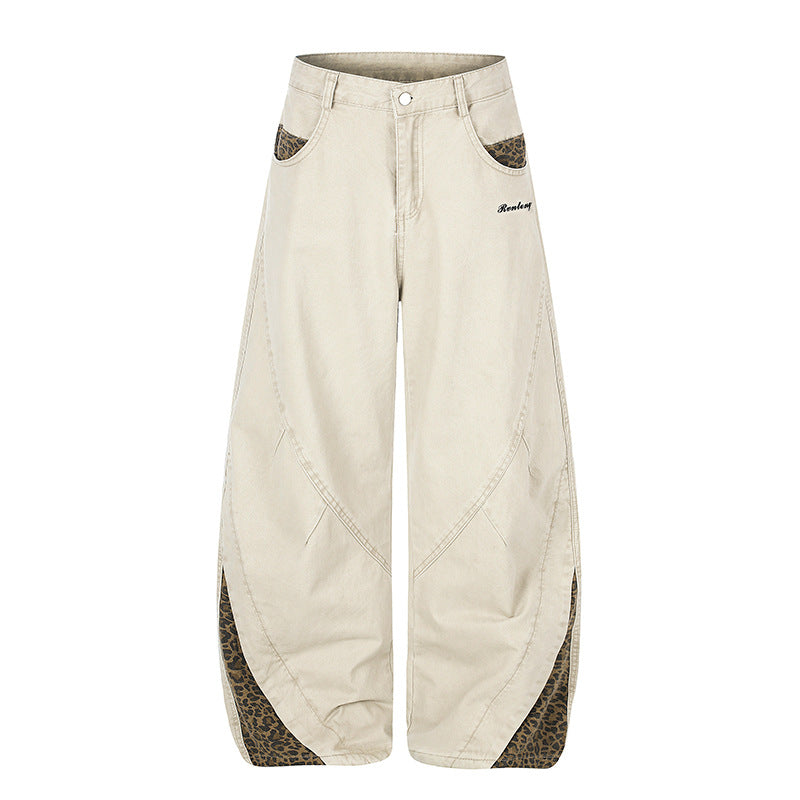 Damen Weite High‑Waist Palazzo-Jeanshose mit Leopardeinsätzen und Eingrifftaschen Nord Taschen