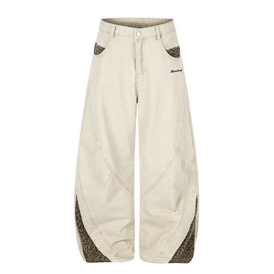 Damen Weite High‑Waist Palazzo-Jeanshose mit Leopardeinsätzen und Eingrifftaschen Nord Taschen