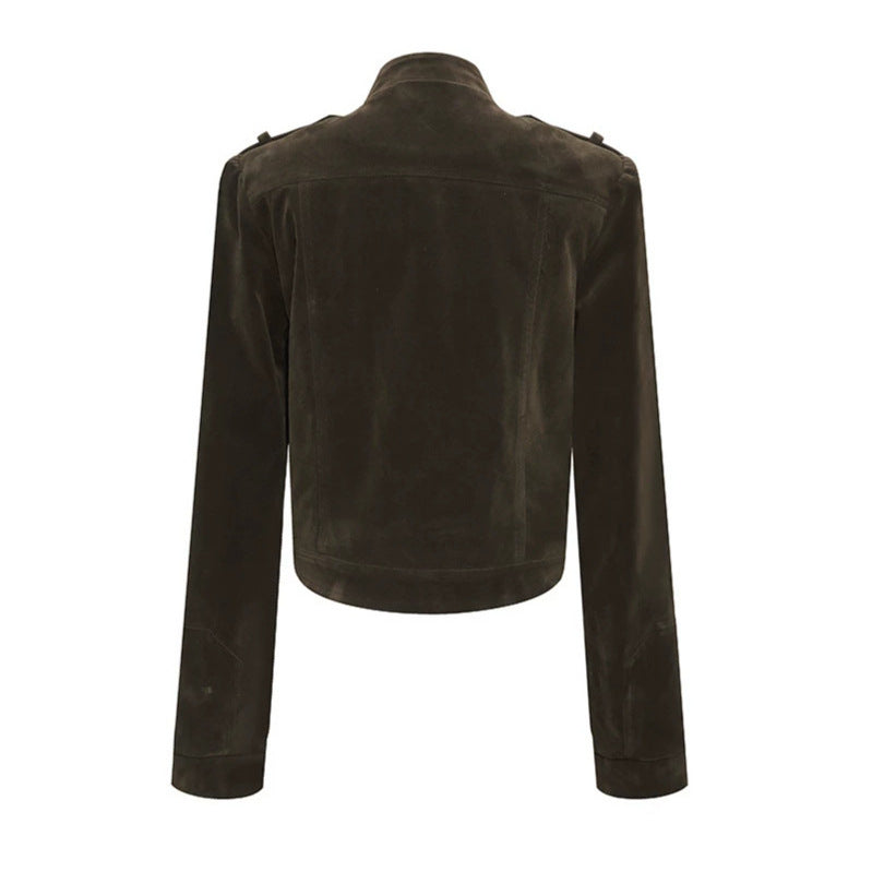 Damen Kurze Veloursleder-Bikerjacke mit asymmetrischem Reißverschluss und Stehkragen Nord Taschen