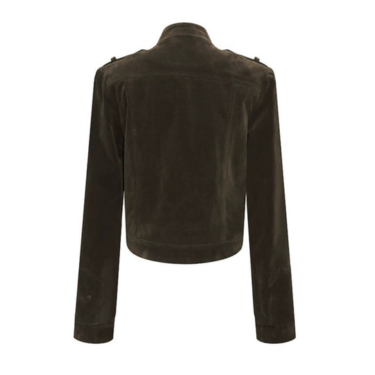 Damen Kurze Veloursleder-Bikerjacke mit asymmetrischem Reißverschluss und Stehkragen Nord Taschen