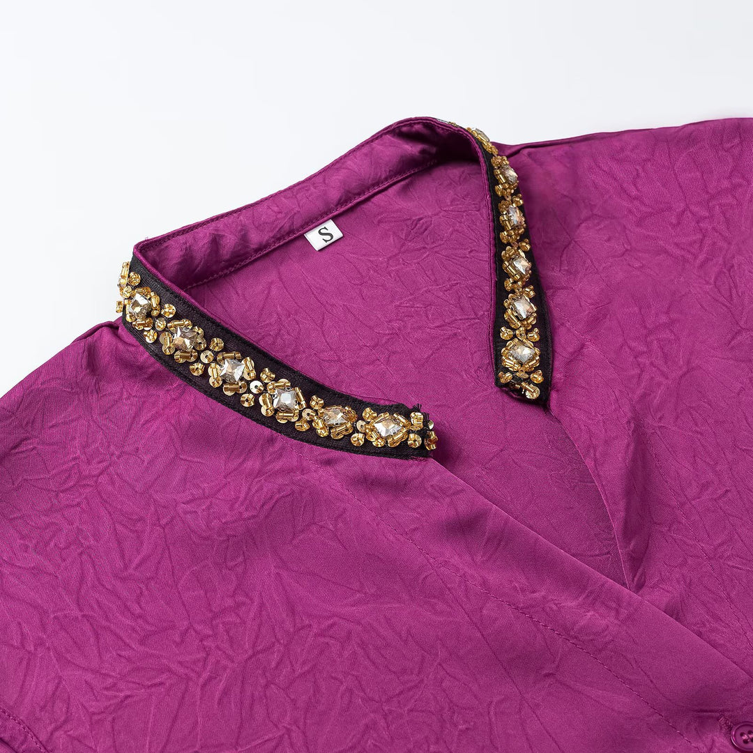 Damen Ärmellose Crinkle-Bluse mit Knopfleiste und besticktem V-Ausschnitt Nord Taschen