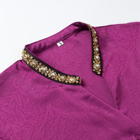 Damen Ärmellose Crinkle-Bluse mit Knopfleiste und besticktem V-Ausschnitt Nord Taschen