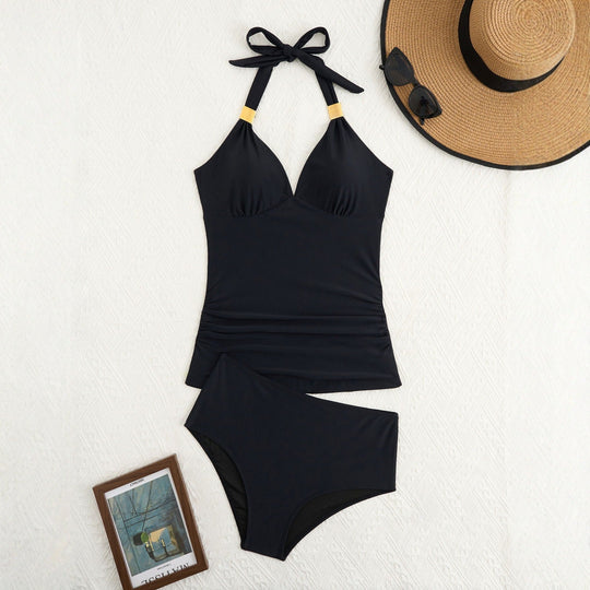 Damen eleganter Badeanzug mit raffiniertem V-Ausschnitt und goldenen Details
