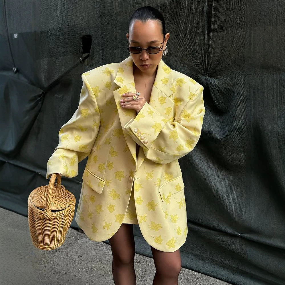 Damen Oversize-Blazer im Blazerkleid-Stil mit floralem Jacquard und betonter Schulter Nord Taschen