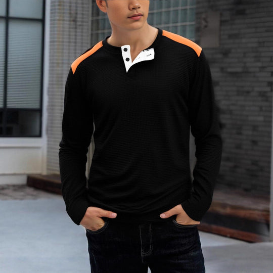 Herren strukturiertes Henley-Langarmshirt mit Stehkragen, Schulterpaspel und Waffelstruktur Nord Taschen