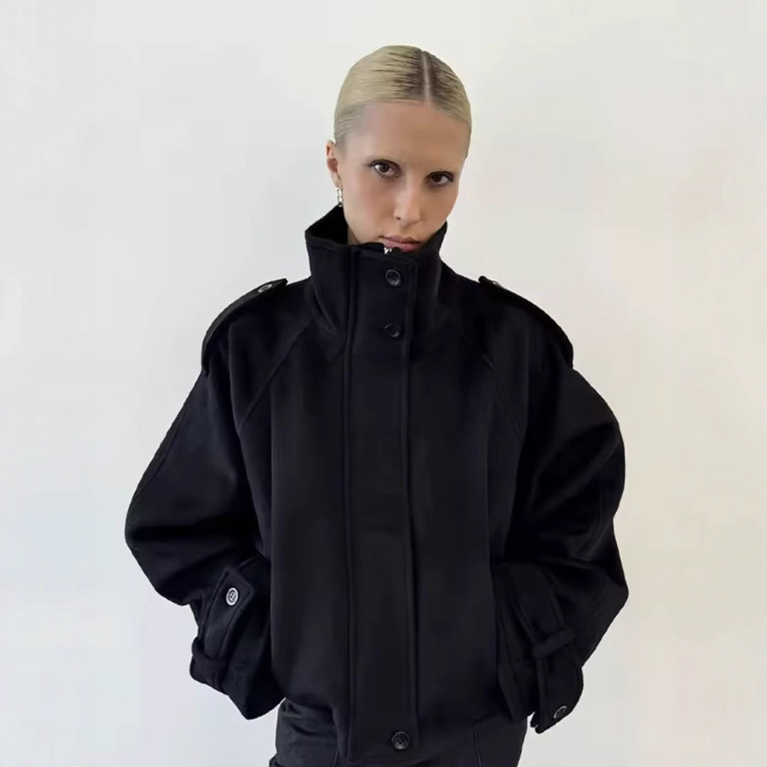 Damen 90+ kurzgeschnitteter Wollmix‑Blouson mit Funnelkragen und Taillierungsdetails Nord Taschen