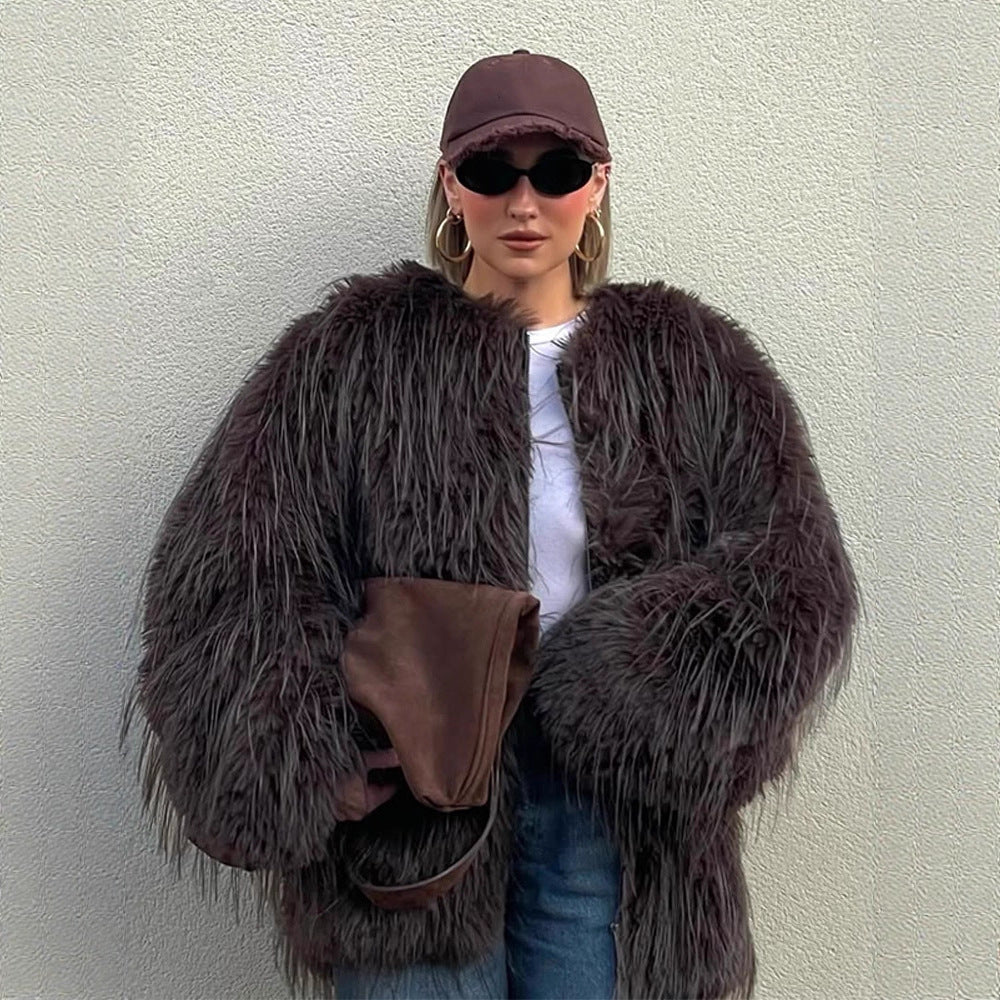 Damen Oversize Kunstpelz‑Mantel mit langfloriger Shag‑Optik und kastiger Silhouette Nord Taschen