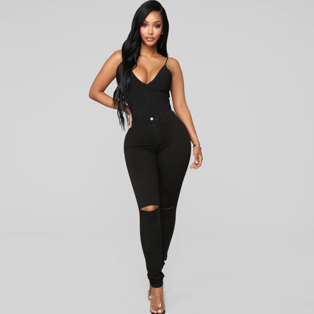 Damen High-Waist Skinny-Jeans mit Knie-Rissen und figurformendem Schnitt Nord Taschen