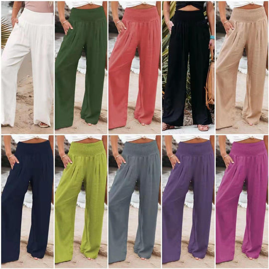 Damen weite Leinenhose mit elastischem Taillenbund und seitlichen Falten