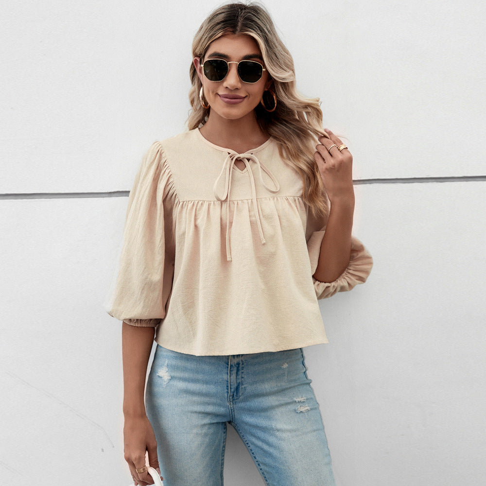 Damen lockere Babydoll-Bluse mit Schleifenkragen und 3/4-Volumenärmeln Nord Taschen